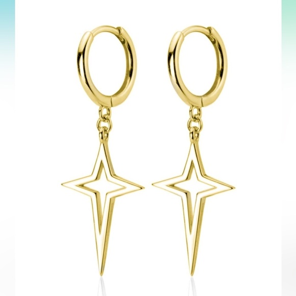 Jewelry - Sterling Silver Hinged Hoop 4 Point Star Cross Drop Hoop Earrings